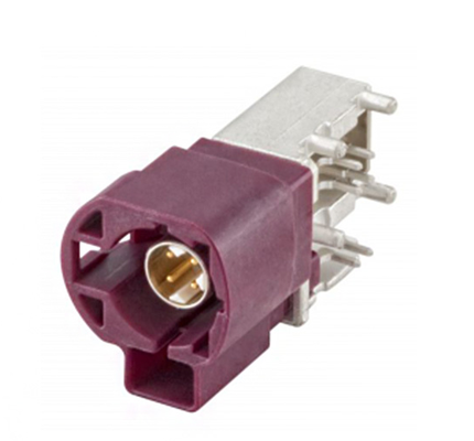 Merkez pin lehimleme ve bakır manşon sıkma özellikli FAKRA erkek konnektör; 99S20D-40MA5-BX dik açılı fiş (PCB için); kırmızı.